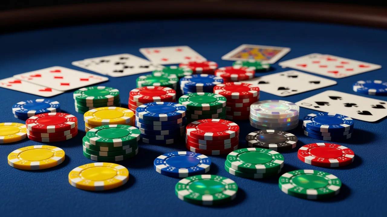 Fichas de cassino coloridas e cartas sobre mesa de feltro azul iluminada Fichas de cassino coloridas e cartas sobre mesa de feltro azul iluminada