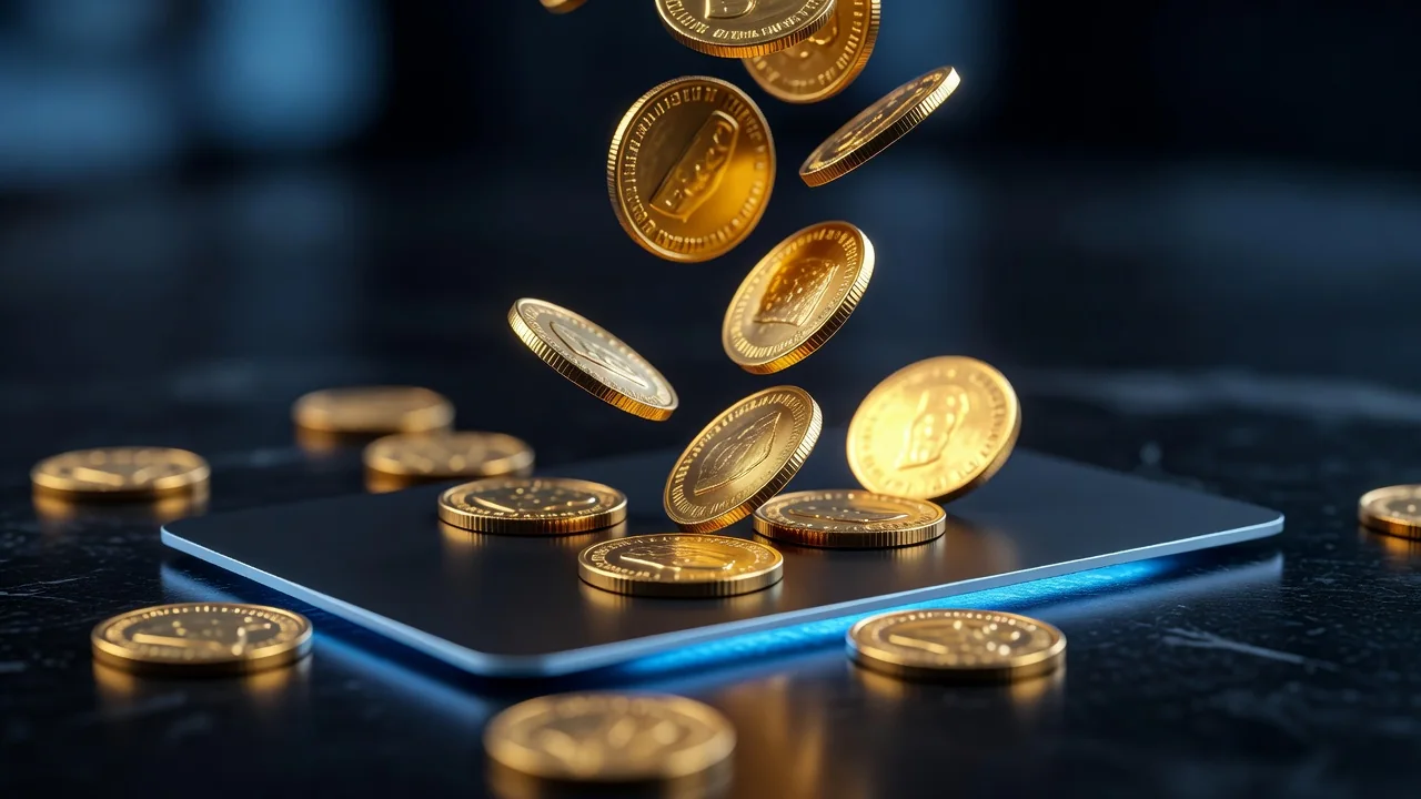 Moedas douradas caindo sobre cartão bancário em superfície escura com brilho azul Moedas douradas caindo sobre cartão bancário em superfície escura com brilho azul