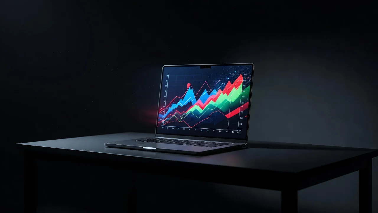 Apostas ao vivo na Mostbet: timing, mercados e cash out Tela de notebook com gráfico de partida ao vivo em quarto escuro