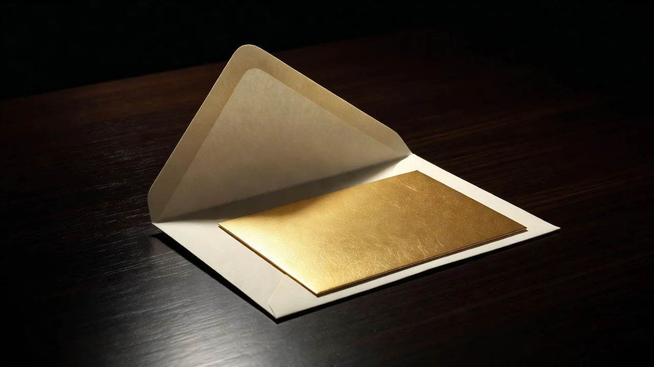 Código promocional Mostbet: como funciona e onde encontrar Envelope aberto com cartão dourado sobre mesa escura