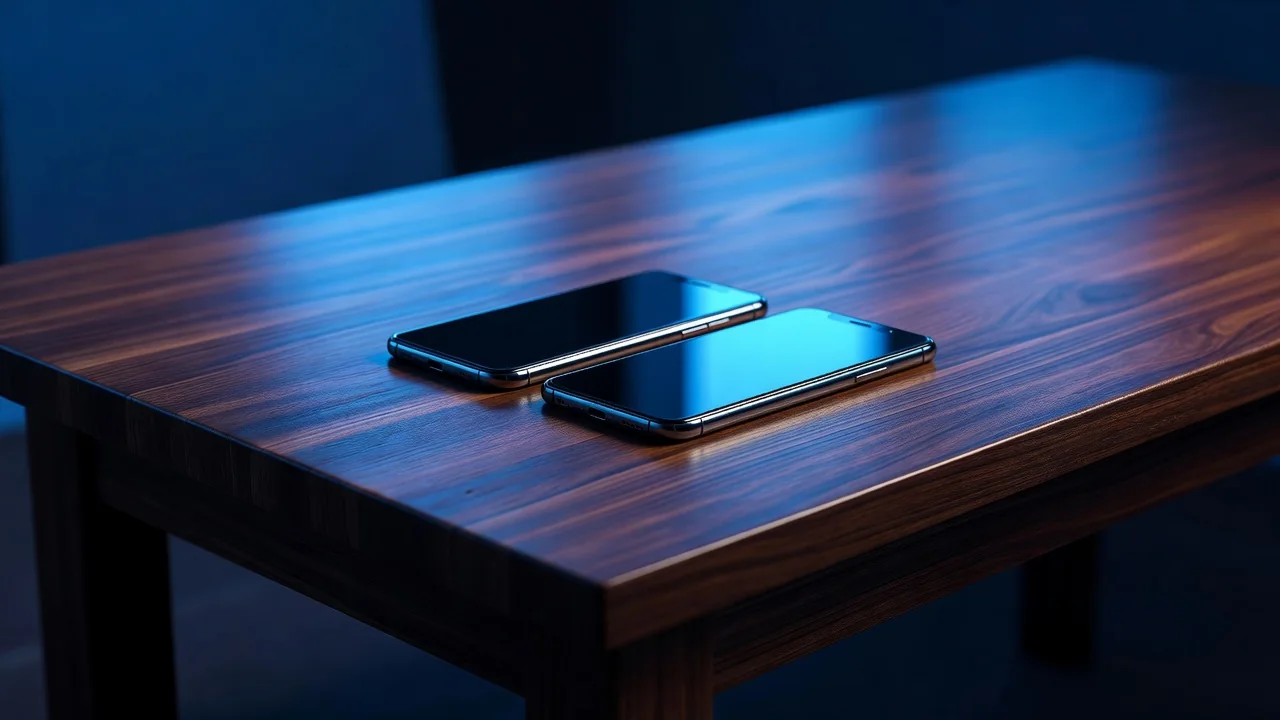 Mostbet app: como baixar no Android e iOS em 2026 Dois smartphones sobre mesa de madeira com luz ambiente azul