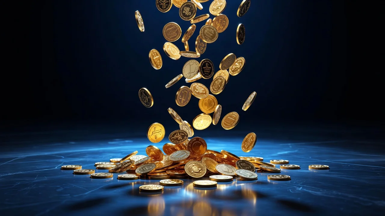 Mostbet bônus: boas-vindas, cashback e promoções Moedas douradas caindo sobre superfície escura com brilho azul