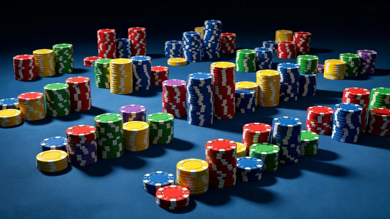 Mostbet Casino: slots, roleta e jogos de mesa no Brasil Fichas de cassino coloridas empilhadas sobre mesa de feltro azul