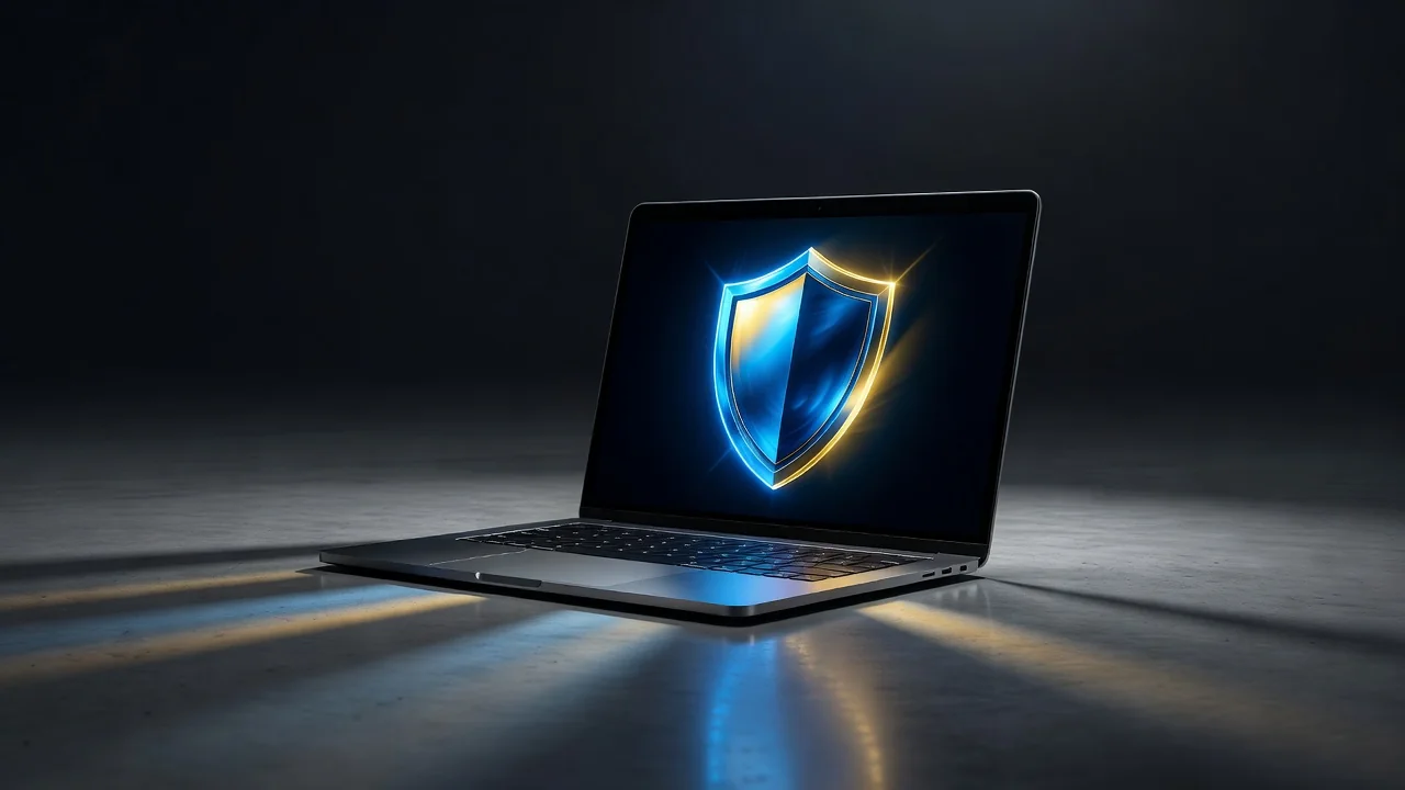 Mostbet espelho e acesso: o que fazer se o site não abrir Tela de laptop com escudo de segurança brilhando no escuro