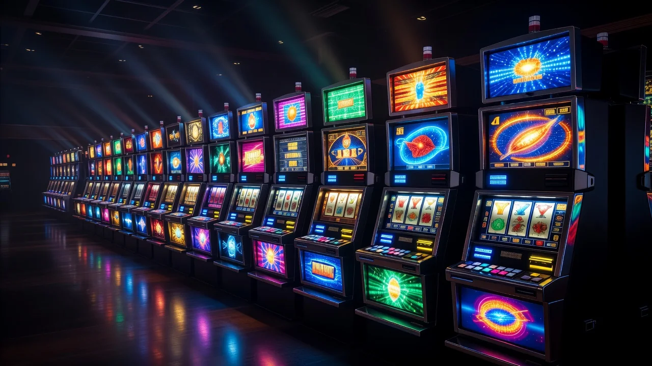 Slots na Mostbet: provedores, RTP e jackpots Fileira de máquinas caça-níqueis iluminadas em salão escuro