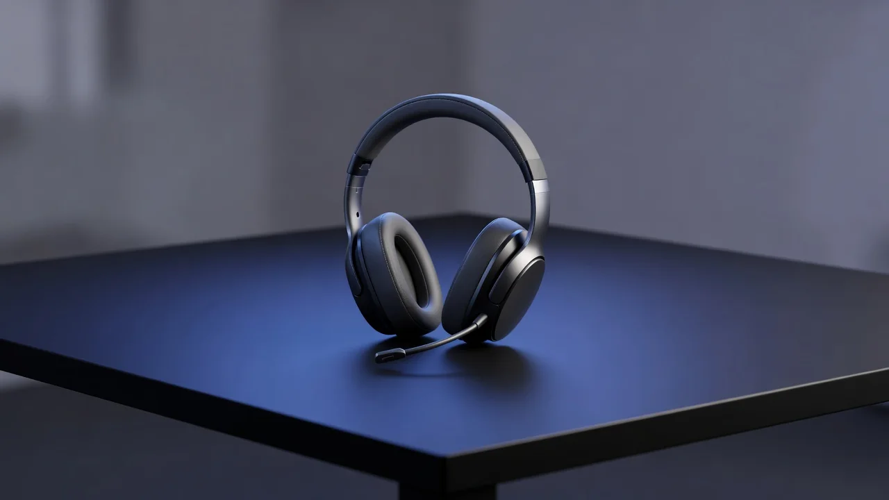 Suporte Mostbet: chat ao vivo e atendimento em português Fone de ouvido com microfone sobre mesa com luz suave azulada